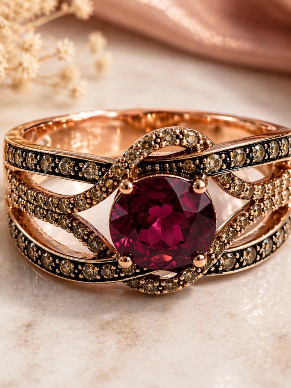 Authentic LeVian rhodolite & chocolate diamond ring 14k rise gold size 11